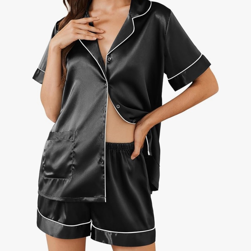 SHEIN Black Satin Pajama Set with White Trim
